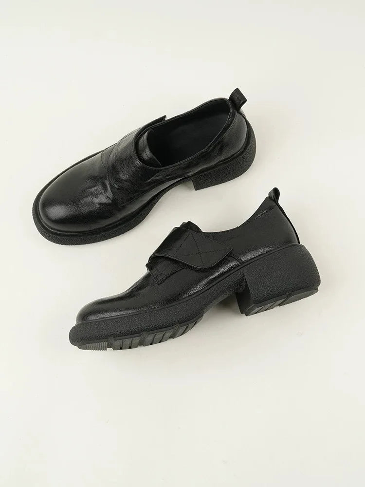 Round Toe Chunky Heels Loafers Casual Elegant Leather Slip On Mid Heels Shoes