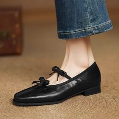Mary Jane Shoes Ballet Bow Square Toe Mid Heels Nude Shoes Casual Elegant Shallow Pumps