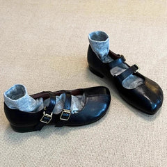 Double Buckle Strap Tabis Shoes Solid Leather Mary Janes Low Heeled Flats Woman Trotters Loafers Barefoot Walking Shoes