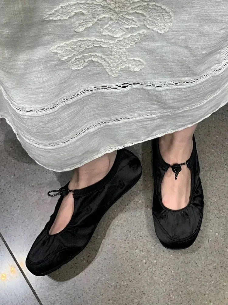 Satin Elastic Band Mary Jane Shoes Genuine Leather Shallow Mouth Flat Shoes Casual Outdoor Comfortable Ballet Shoes