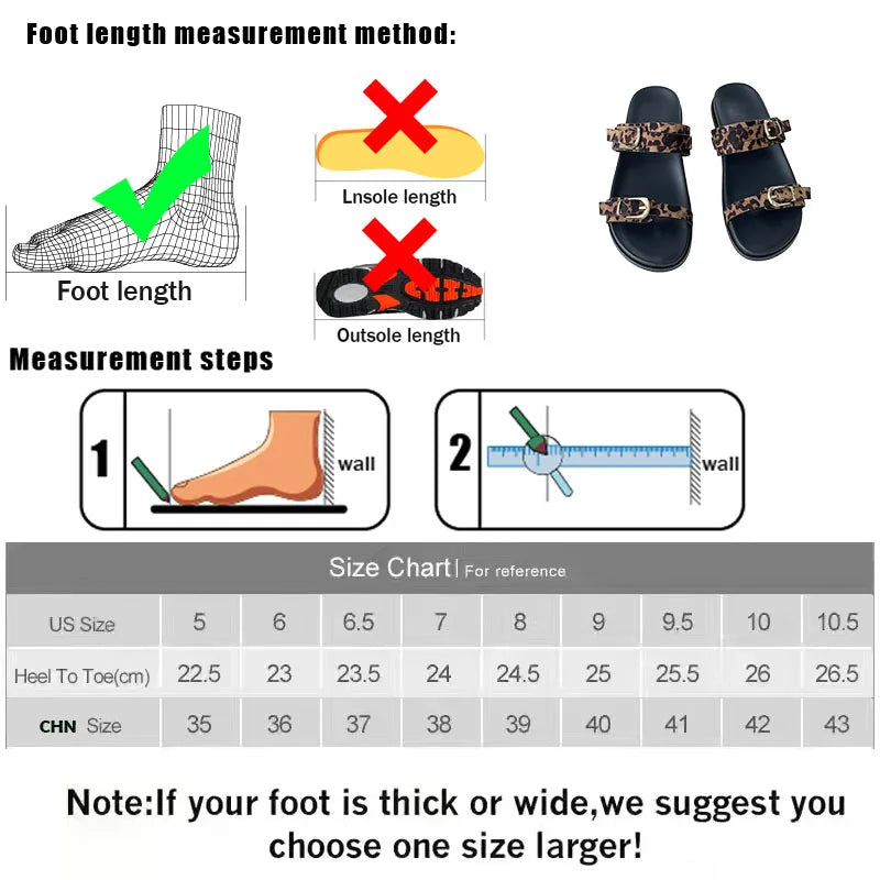 Big Size Footwear Leopard print Slippers Slides Shoes Beach Metal Buckle Flat Sandals Shoes