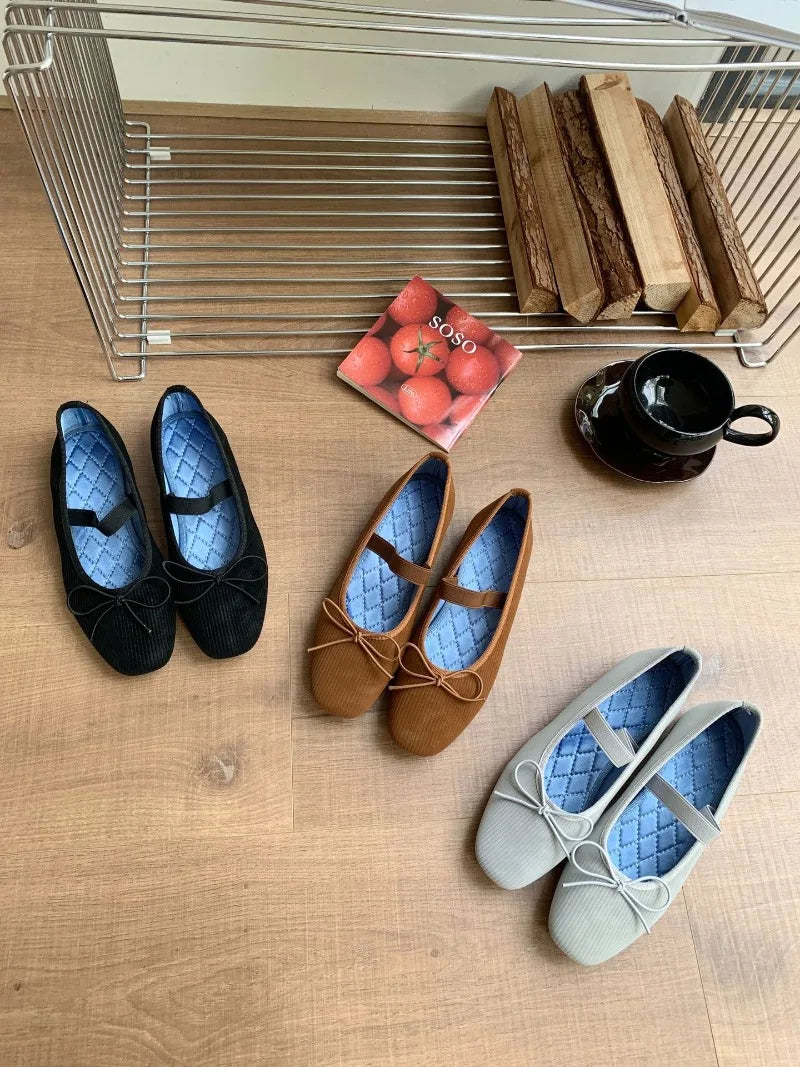 Sweet Butterfly Knot Stripe Design Mary Jane Shoes Comfortable Suede Elastic Band Casual Flats Elegant Brand Shoe