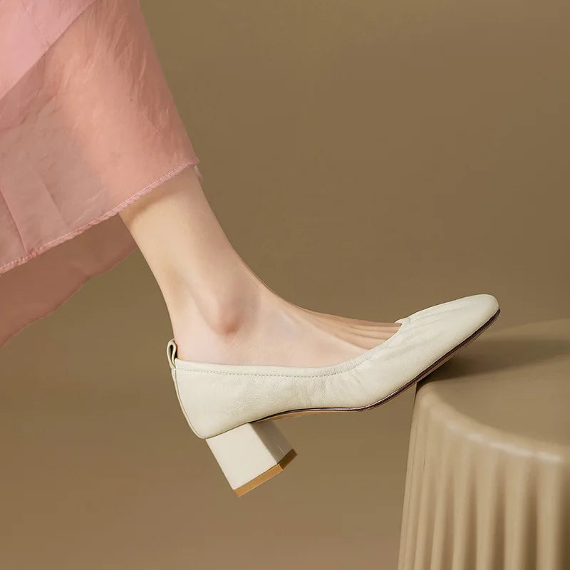 Oxford Shoes Vintage Pumps Mid Heels Square Toe Pumps Slip on Sewing High Heels Boat Shoes Elegant