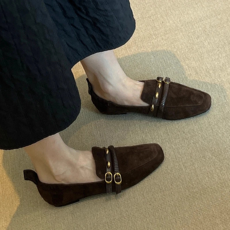 British Style Suede Square Toe Loafers Retro Belt Buckle Design Flats Shoes Comfortable Casual Commute Office Shoe