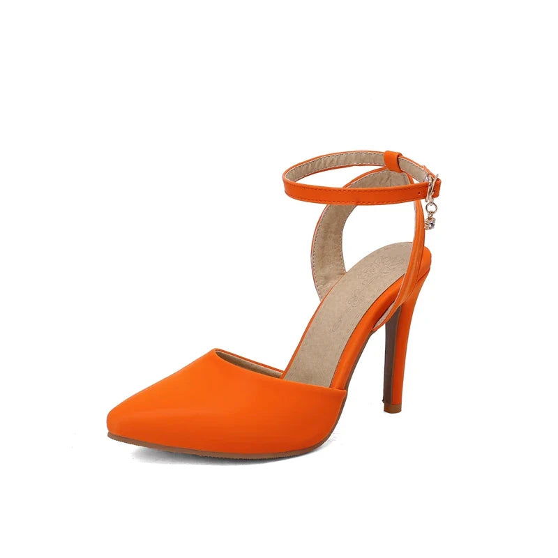Pu Leather Ankle Strap Buckle Stiletto Pumps Slingback Pointed Toe High Heels Sandals Shoes Large Size 33-50