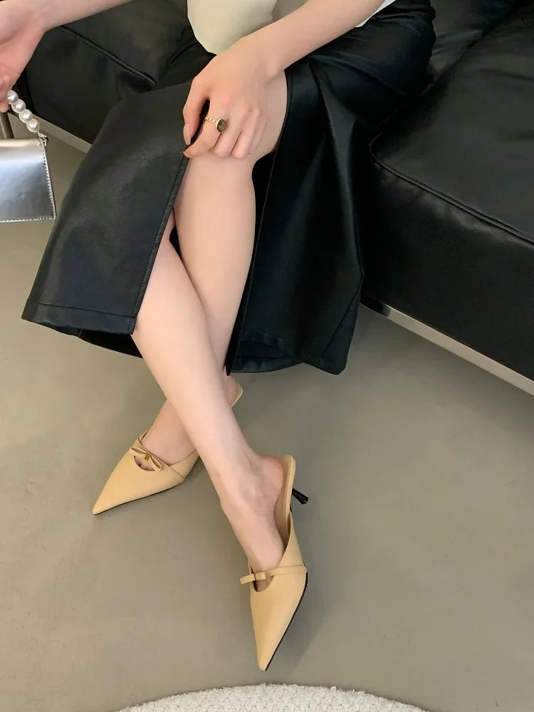 Design Style Butterfly-knot Woman Slippers Low Thin Heels Pointed Toe Shallow Mules Shoes