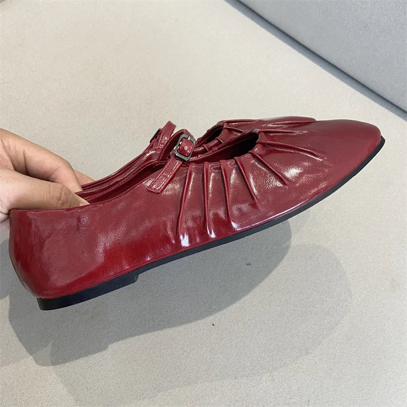 Pleated Mary Janes Flats Shoes Square Toe Pu Leather Comfortable Elegant Red Shoes Shallow Black Ballet Flats