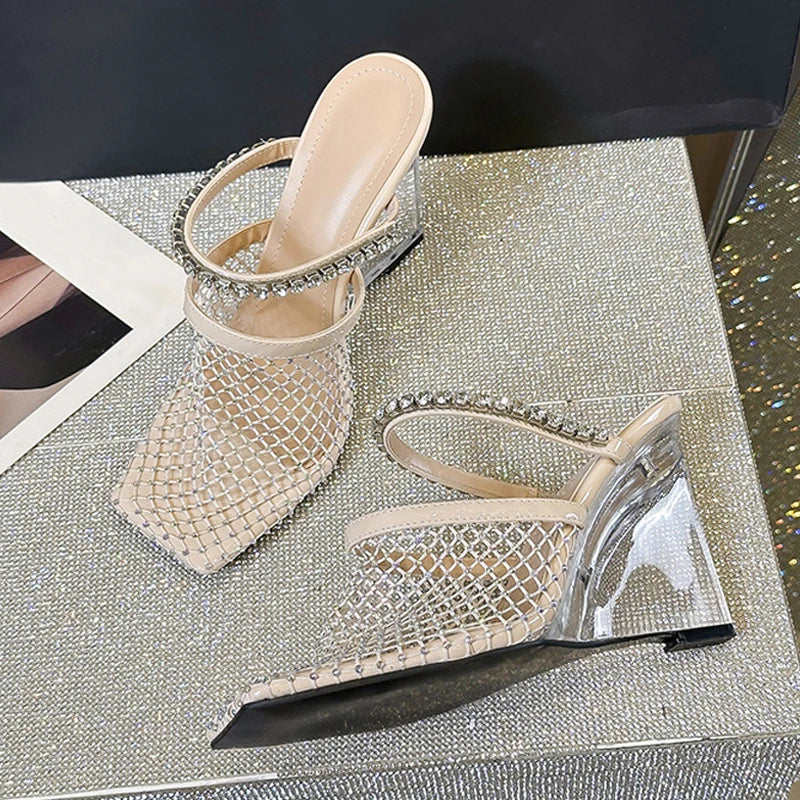 Sandals Rhinestone Mesh High Heels Footwear Elegant Square Toe Transparent Wedges Slippers