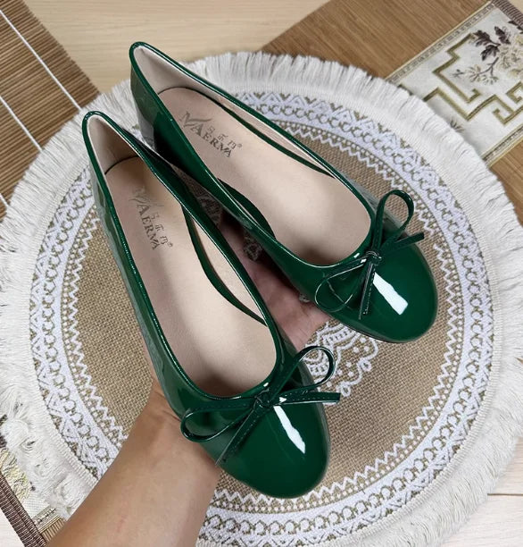 Round Toe Ballet Flats Spongy Bottom Hot Italian Shoes Patent Leather Classic Bow-Knot Dressing Slip-On 34 48 47