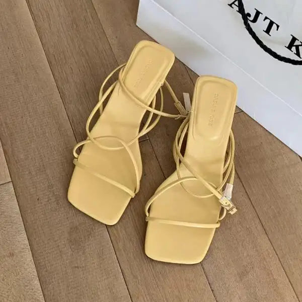 Womens Shoes Sandals Stiletto Heels Suit Beige All-Match Girls Low Comfort High Retro