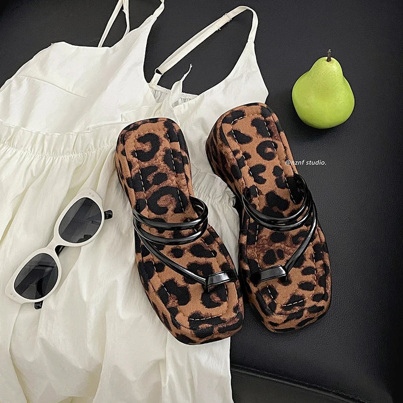 Leopard Wedges Heel Slippers Clip Toe Dress Slide Shoes Thick Bottom Flip Flop