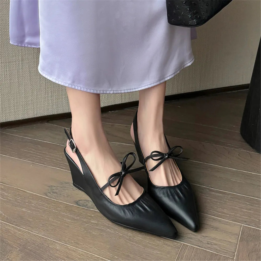 Genuine Leather Slingbacks Pumps Pointed Toe Silver Black Wedges Heels Shoes Woman Pumps