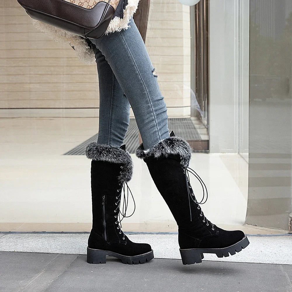Lace-up Shoes Snow Boots Real Fur Boots Knee High Suede Thick Heel Warm Outdoor with Zip Big Size 43