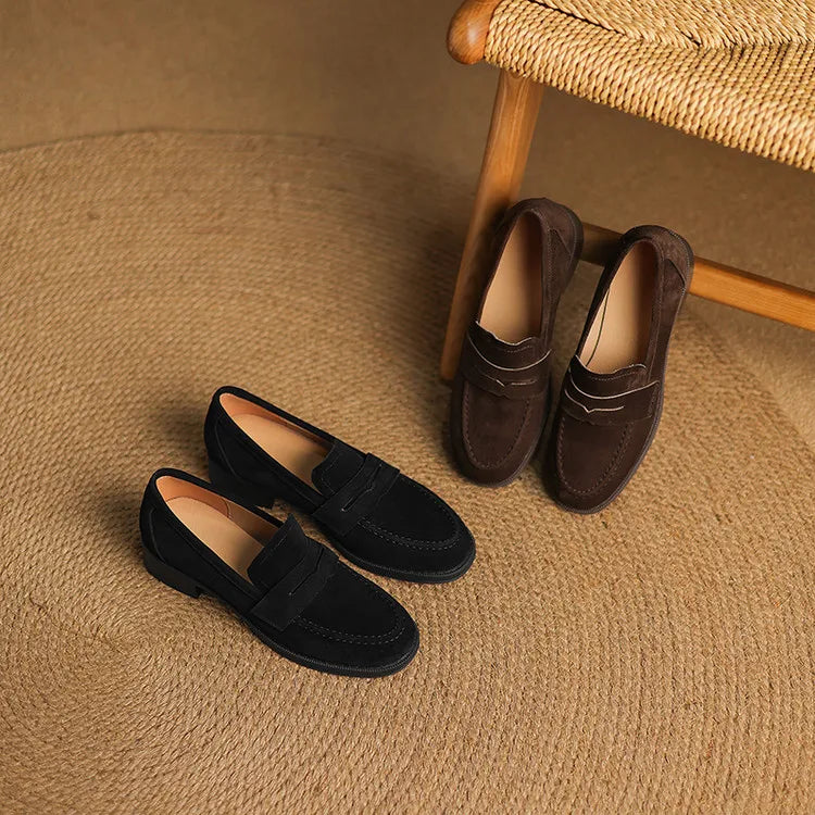 Kid Suede Penny Loafers Handmade Leisure Slip-on Creeper Flats Brown Size 34-43