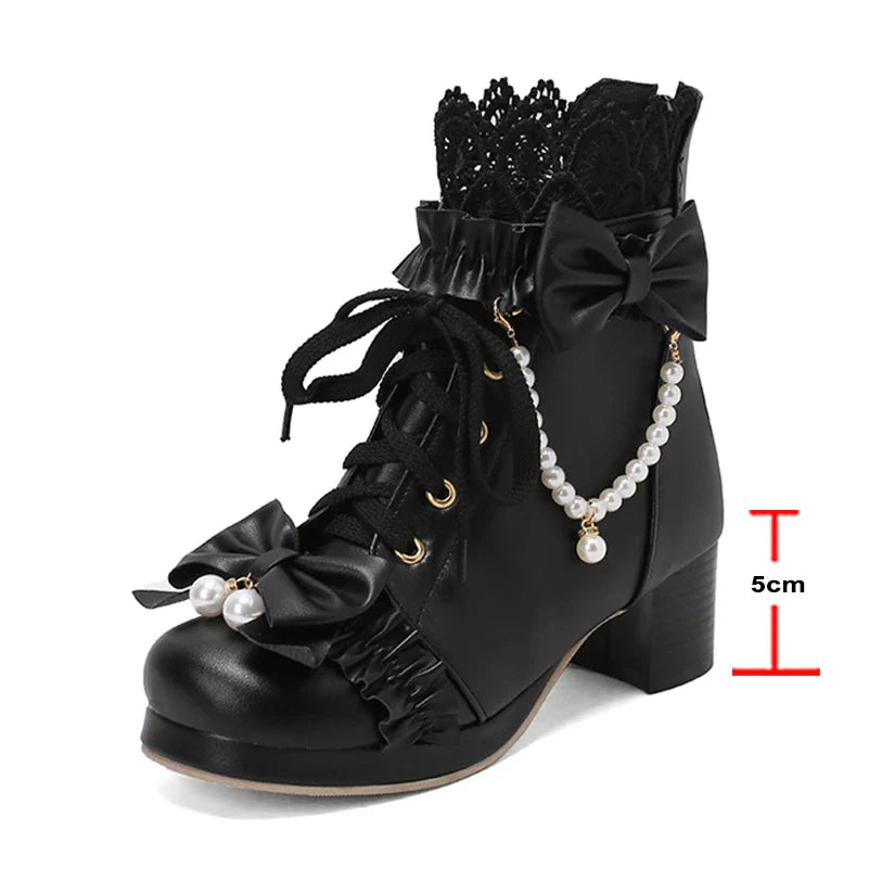 Lolita Ankle Short Boots Round Toe Kawaii Thick Mid Heels Zipper Bead Bow Lace-up Lady Cosplay Shoes