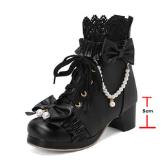 Lolita Ankle Short Boots Round Toe Kawaii Thick Mid Heels Zipper Bead Bow Lace-up Lady Cosplay Shoes