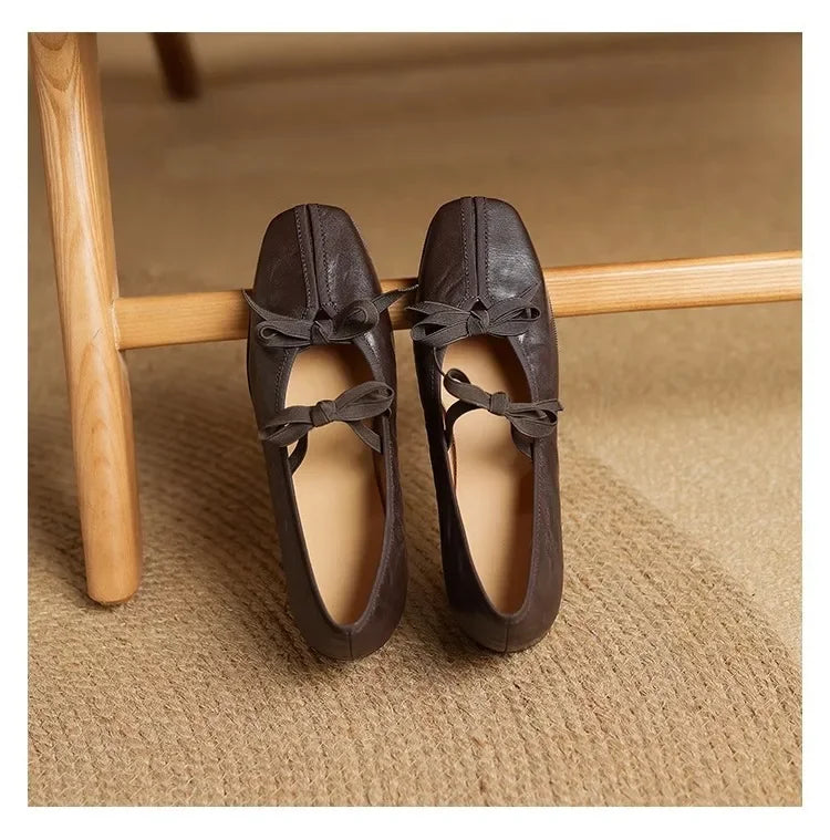 Mary Jane Shoes Ballet Bow Square Toe Mid Heels Nude Shoes Casual Elegant Shallow Pumps