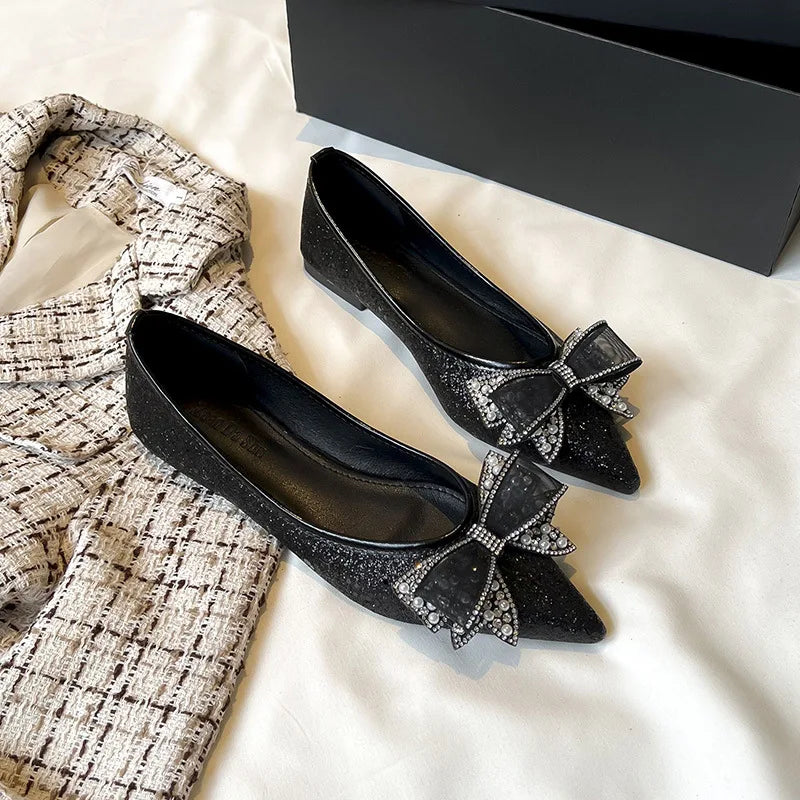 Gold/Silver Bowknot Flats Sparkle Crystal Shoes Elegant Lace Bow Pointed Toe Ballets Moccasins