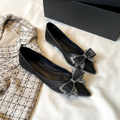 Gold/Silver Bowknot Flats Sparkle Crystal Shoes Elegant Lace Bow Pointed Toe Ballets Moccasins