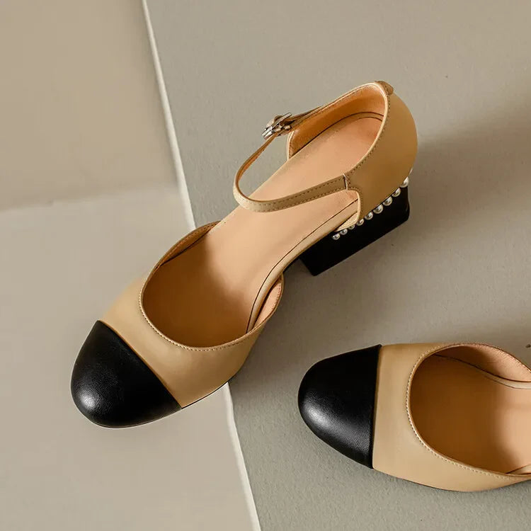 Sheepskin Leather Pumps Pearls Chunky Heels Shoes Brand Two Tone Buckle Pumps Wedding Party Dressy Shoes
