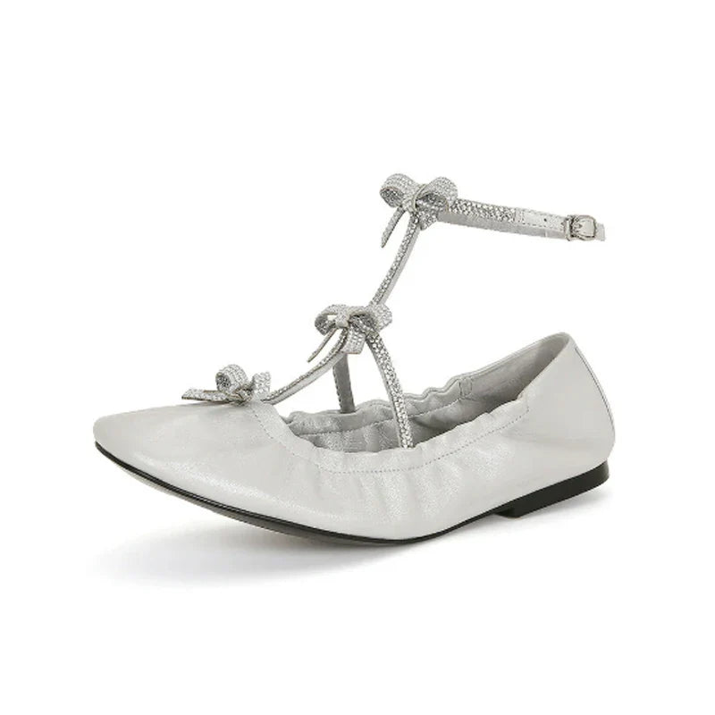 Rhinestone Bow T-Strap Round Toe Flat Ballet Shoes Woman Buckle Mary Jane Shoes Woman Pumps