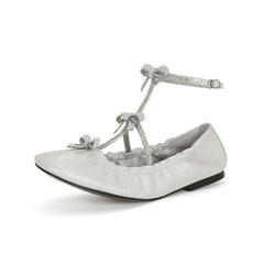 Rhinestone Bow T-Strap Round Toe Flat Ballet Shoes Woman Buckle Mary Jane Shoes Woman Pumps
