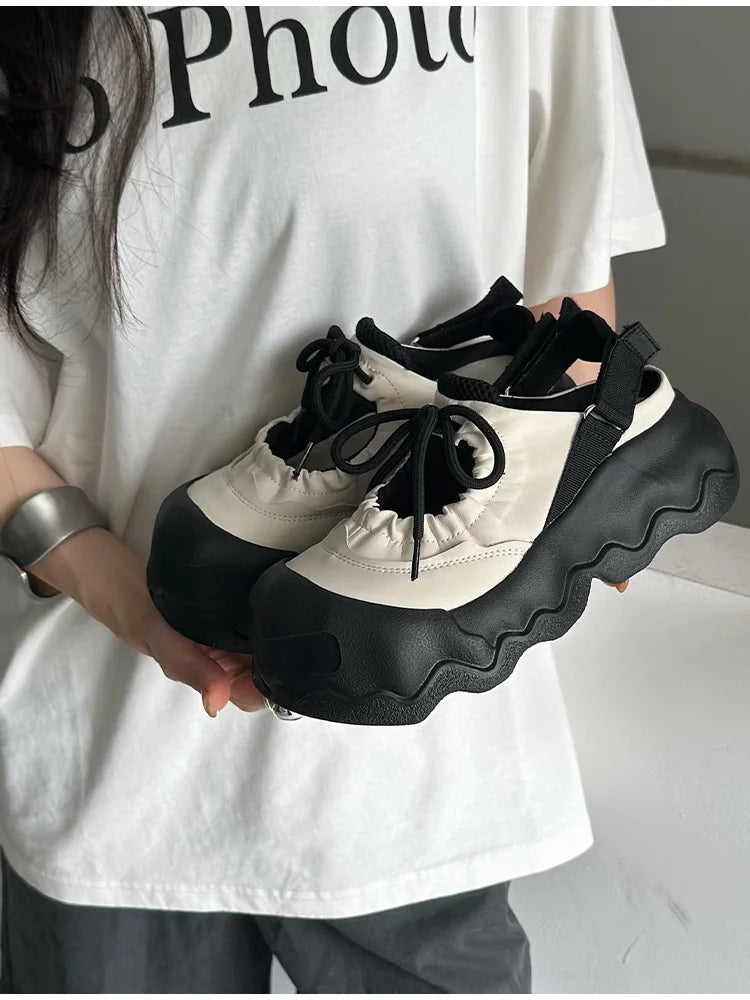 Street Explosion 5CM Mary Jane Sandals Wave Thick Bottom Lace Hollow Big Head Bread Shoes