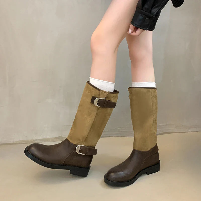 Belt Buckle Knight High Boots Thick Heel Shoes Vintage Slip On Slim Long Booties Zapatos De Muje