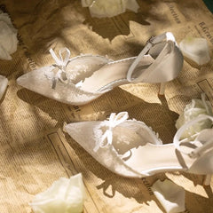 and pointed hollow lace bow low-heeled wedding shoes thin high-heeled banquet dress small size sandals