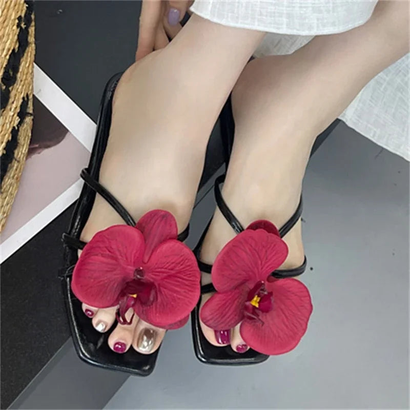 Flower Narrown Band Low Heels Slippers Square Toe Casual Beach Shoes Size 35-43