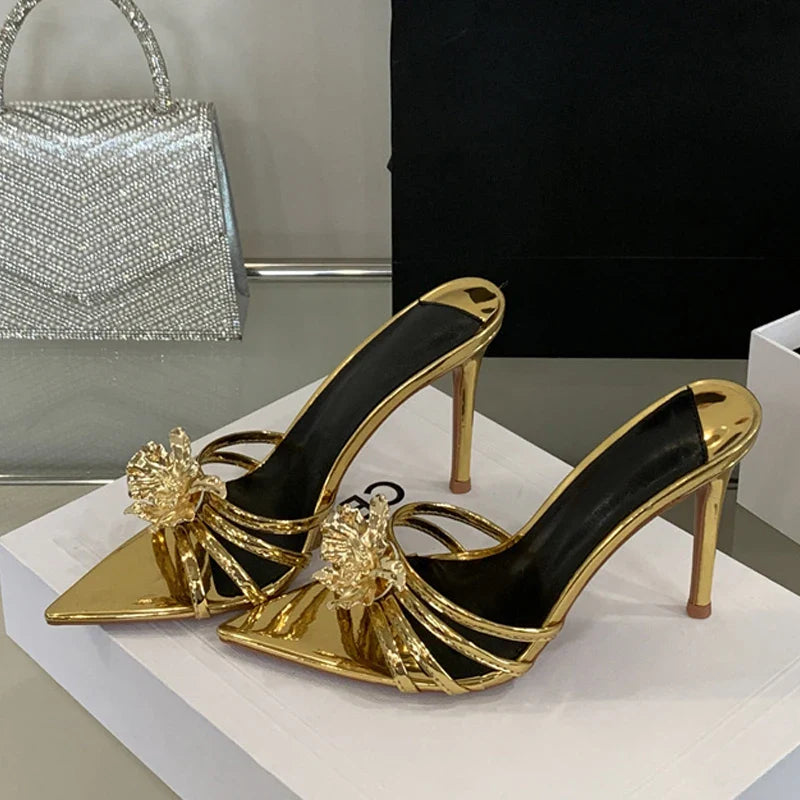 Pointed Toe White High Heels Party Slippers Metal Flowers Sandal Banquet Shoes Mules Slides