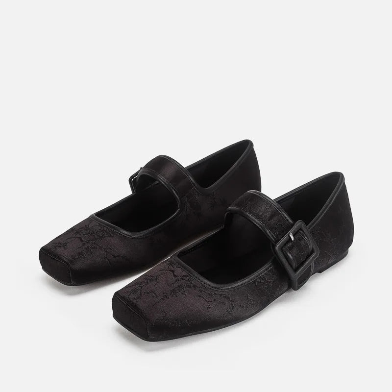 Silk Embroidery Ballerinas Woman Pig Toe Flats Shoes Belt Buckle Silky Mary Janes Wedding Brides Ballets Loafers