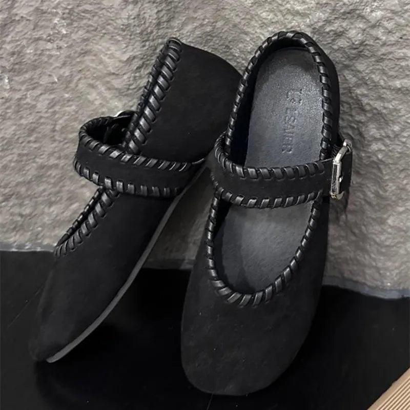 Retro Woven Faux Suede Mary Jane Shoes Metal Buckle Brand Shoes Comfortable Round Toe Shallow Casual Shoe