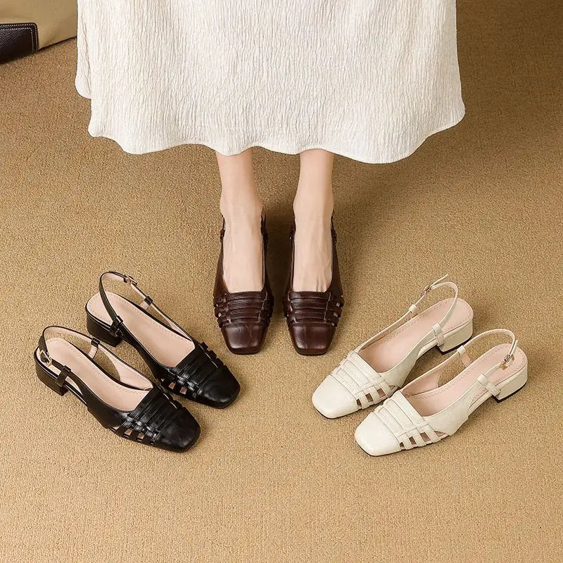 Design Vintage Square Toe Block Heels 3.5cm Back Buckle Strap Big Size 43 Dating Shoes 31 32