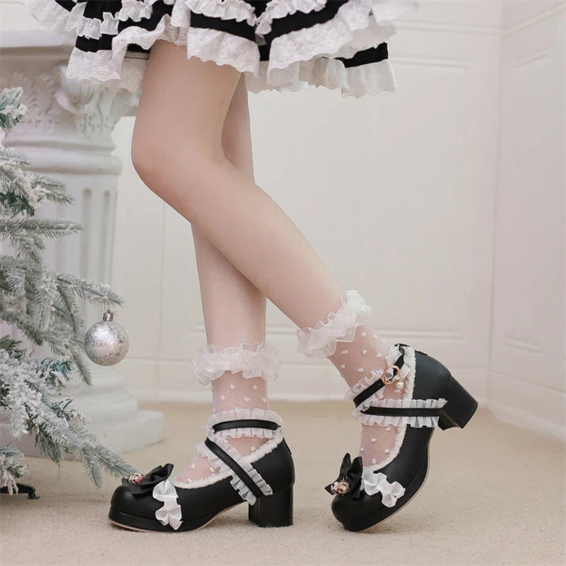 Lolita Pumps Round Toe Thick Mid Heels Cross Strap Buckle Bow Kawaii Cosplay Shoes Beige 46