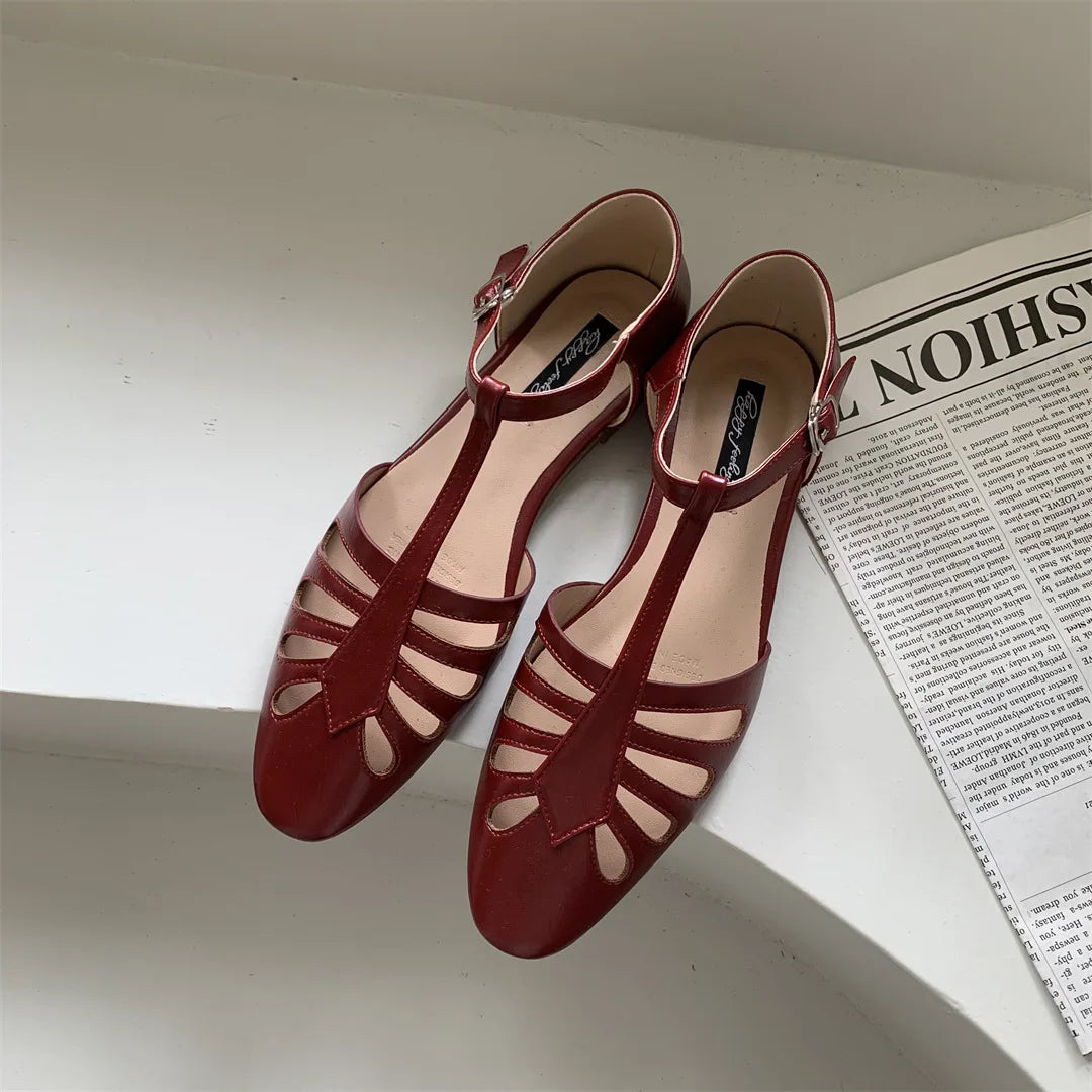 T-strap Rome Flat Sandals Hollow Out Vintage Mary Janes Shoes Pu Leather Holiday Elegant Gladiator Sandals