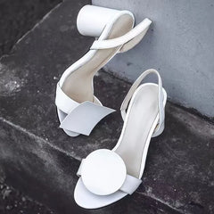 Asymmetrical Geometric Decor Comfortable Thick High heels White Leather Slingbacks