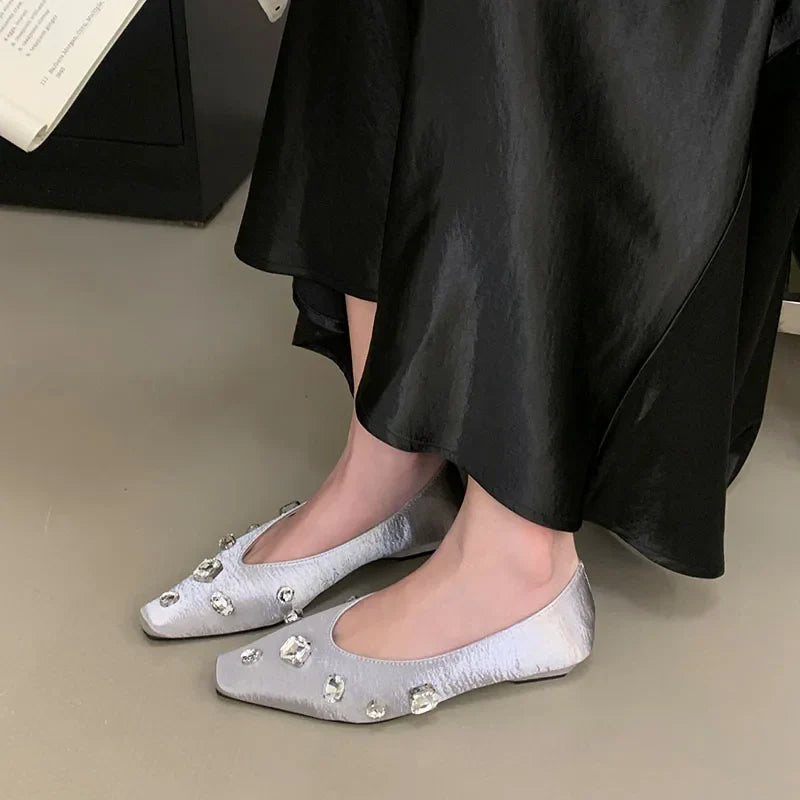 Pink Rhinestones Silk Flats With Shoes Soft Shallow Footwear Crystal Slip On Flats Shoes