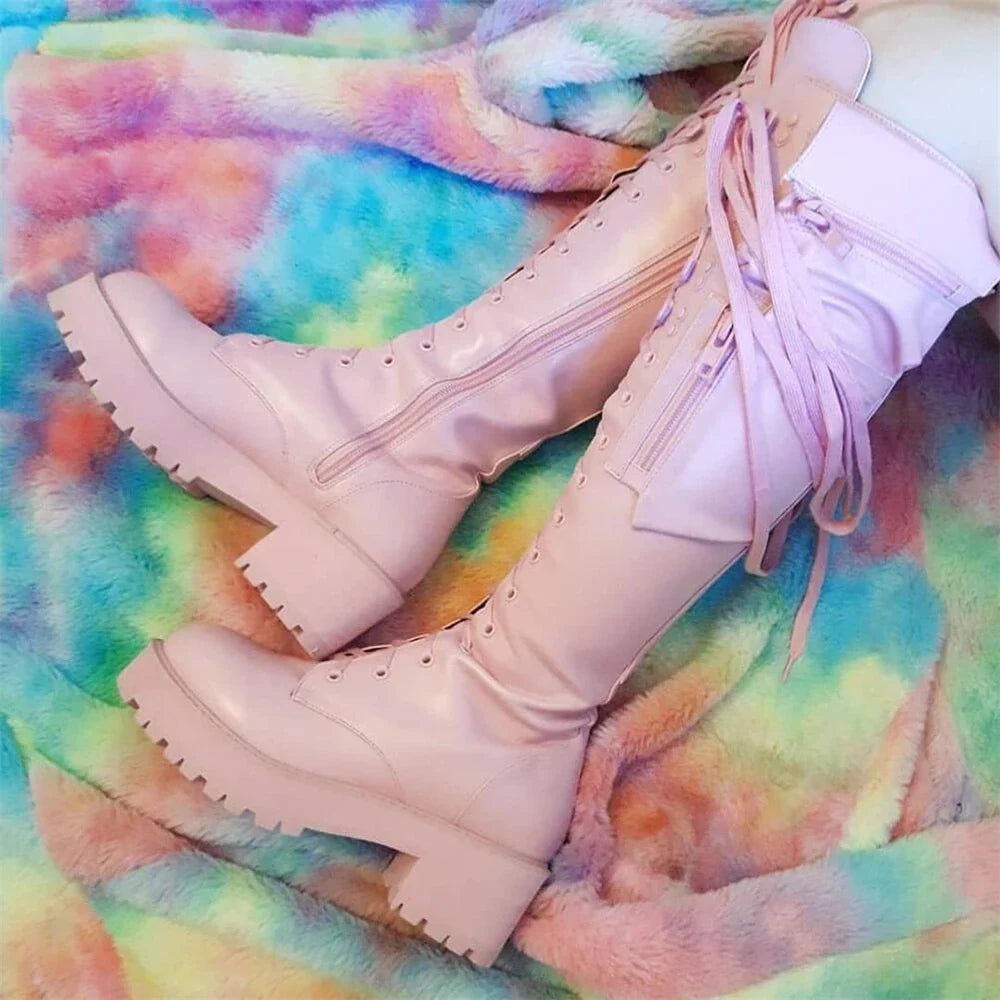 Motorcycle Boots Round Toe Lace-Up Knee High Heels Side Zipper 39 Big Size Goth Punk Free Shipping Shoes