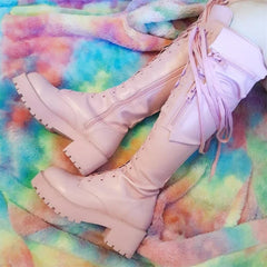 Motorcycle Boots Round Toe Lace-Up Knee High Heels Side Zipper 39 Big Size Goth Punk Free Shipping Shoes