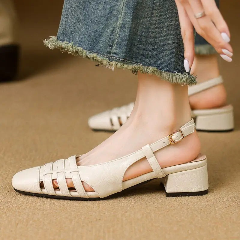 Design Vintage Square Toe Block Heels 3.5cm Back Buckle Strap Big Size 43 Dating Shoes 31 32