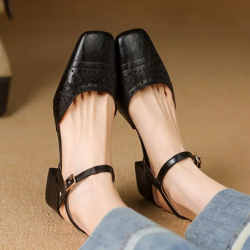Vintage Square Toe Thick Heels 3.5cm Buckle Strap Breathable Small Size 31 32 33 Sweet Daily Shoes