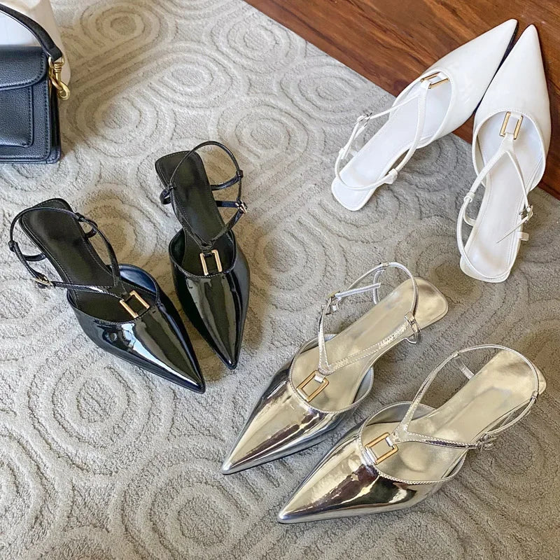 Square Buckle Strap Sandals Elegant Thin Low Heels Pointed Toe Slingback Shoes
