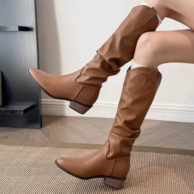 Vintage Woman Knight Knee High Boots Shoes Concise Slip On Western Cowboy Botas