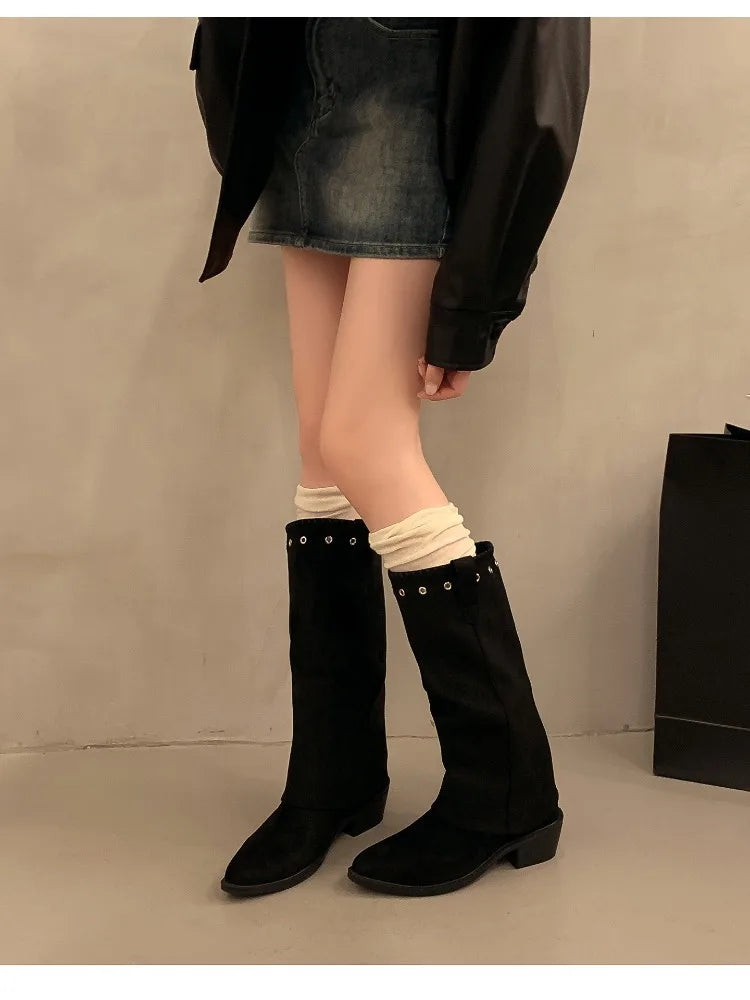 Vintage Thick Heel Western Cowboy Boots Button Combination Splicing Shoes Pipe Long Booties