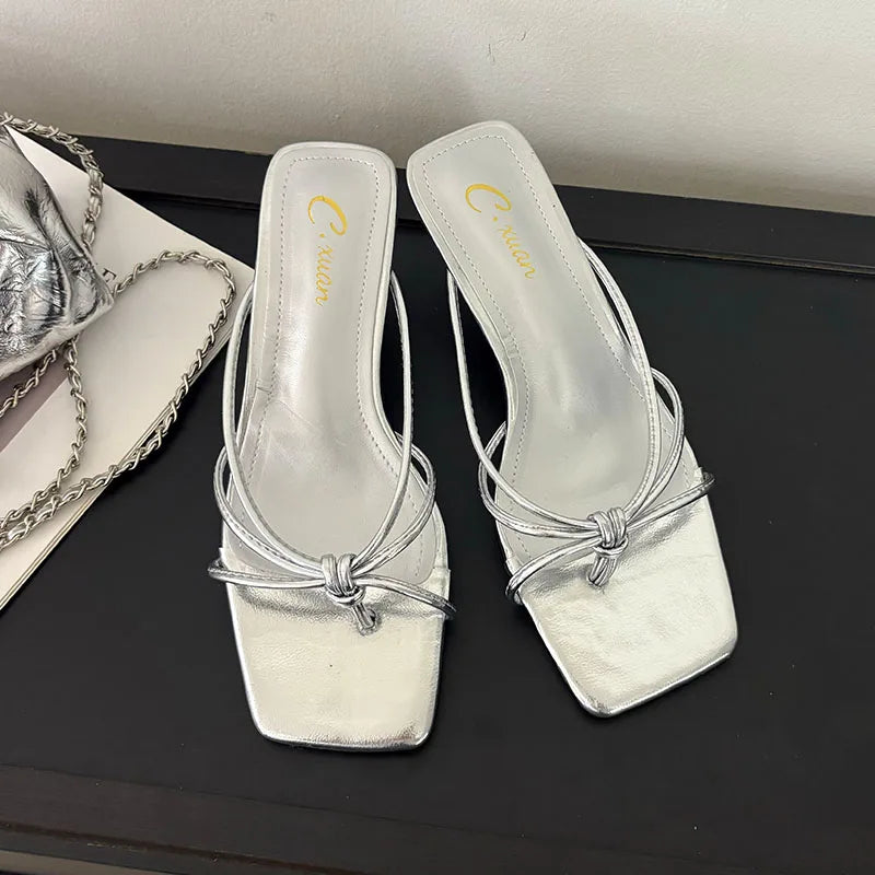 Shallow Thin Heel Slippers Slides Square Toe Medium Heel Sandals Shoes Flip flops Pumps