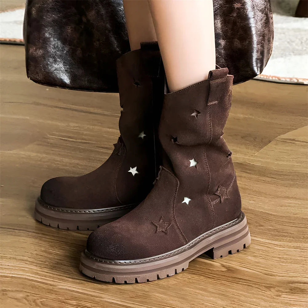 Western Cowgirl Boots Western Chunky Heel Round Toe Platform Star Hollow Retro Cowboy Mid Calf Boots