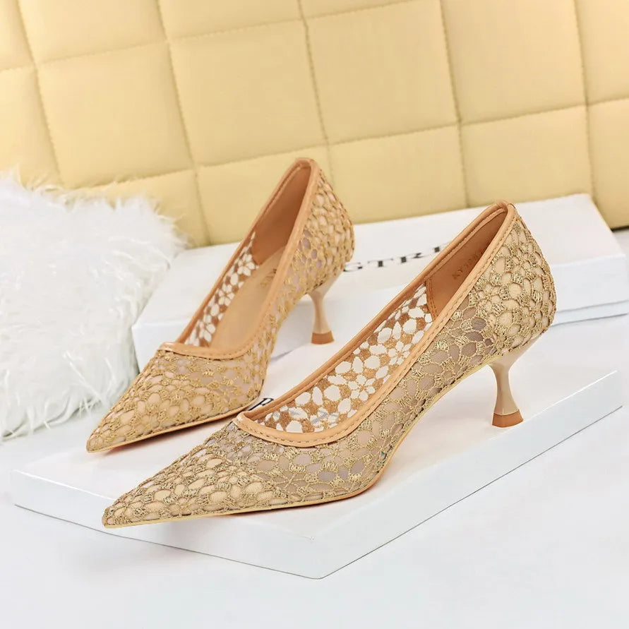 Shoes Banquet Shoes Fine Heel High Heel Pointed -headed Mesh Hollow Lace Shoes