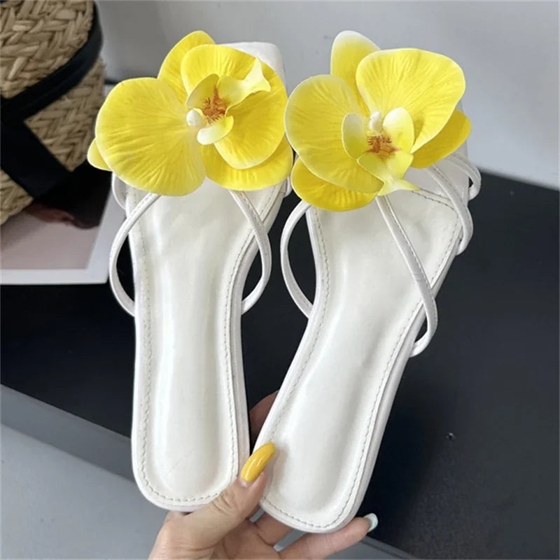 Flower Narrown Band Low Heels Slippers Square Toe Casual Beach Shoes Size 35-43