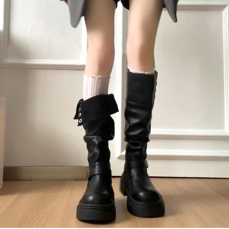 Platform Thick Bottom Woman Knee High Boots Shoes Elegant Belt Buckle Knight Booties